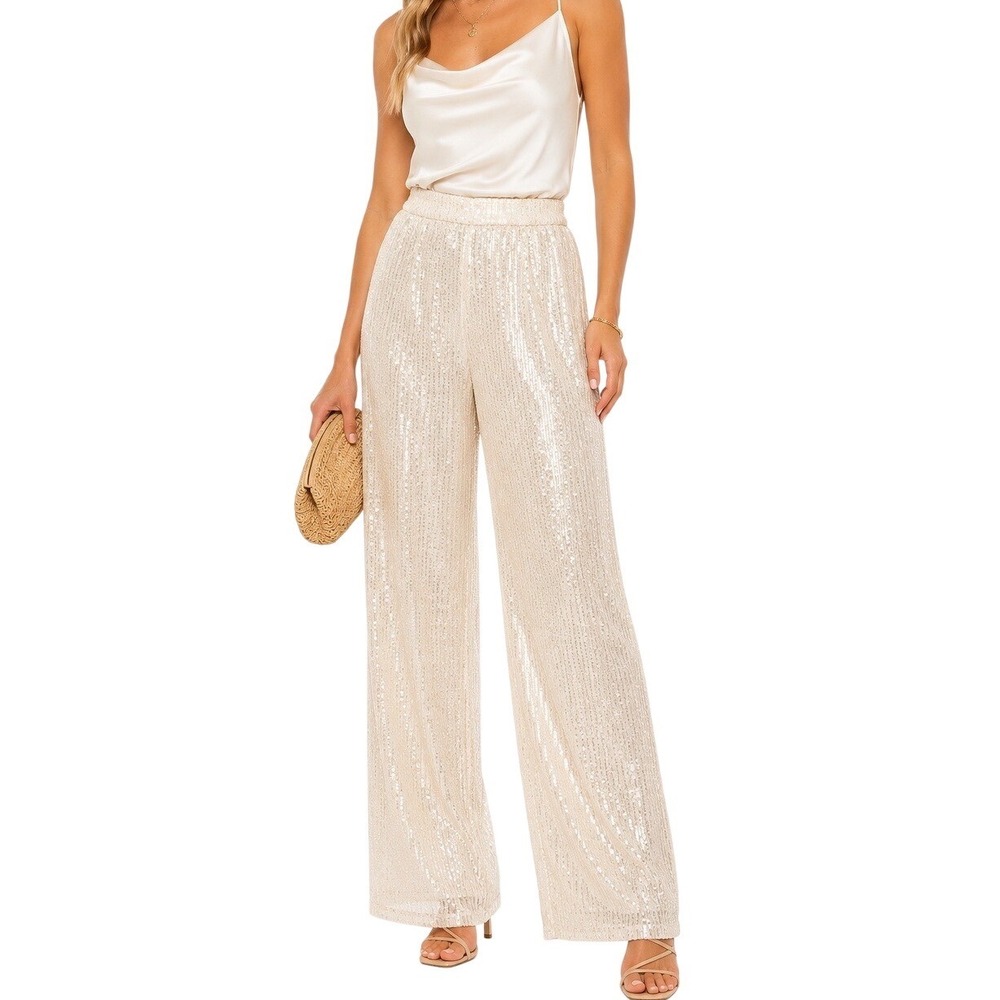 12th Tribe Women's Sequined High Rise Resort Straight Leg Pants White Size Large